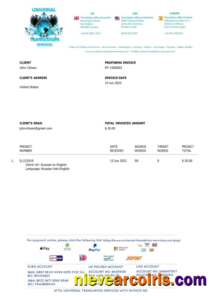 USA Universal Translation Services invoice